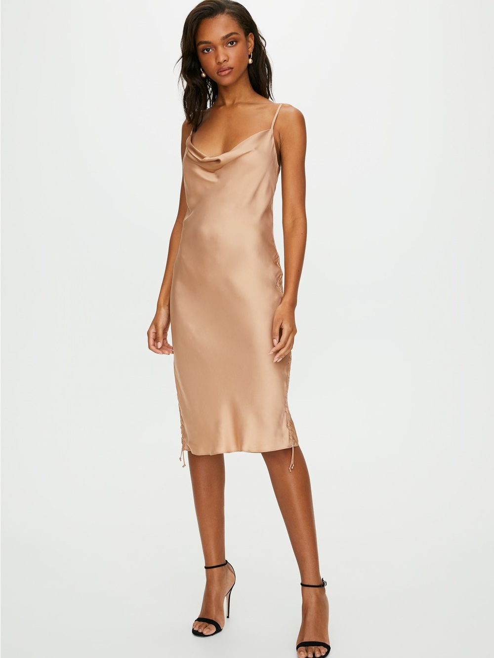 LIKE NEW SIZE L Wilfred Satin Cowl Midi Dress in Toasted Beige